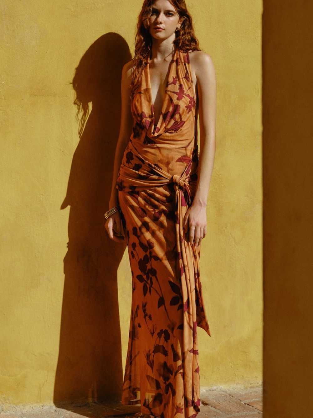 NWT Especia Napali Maxi Dress Orange Floral Halter Open Back Size Large